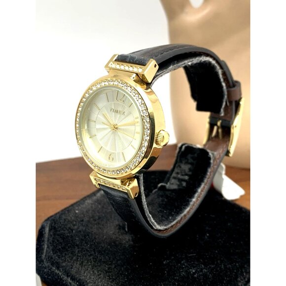 Timex Women's Watch TW2W48900 Indiglo Quartz Gold Black Leather Strap 31mm - Picture 2 of 14